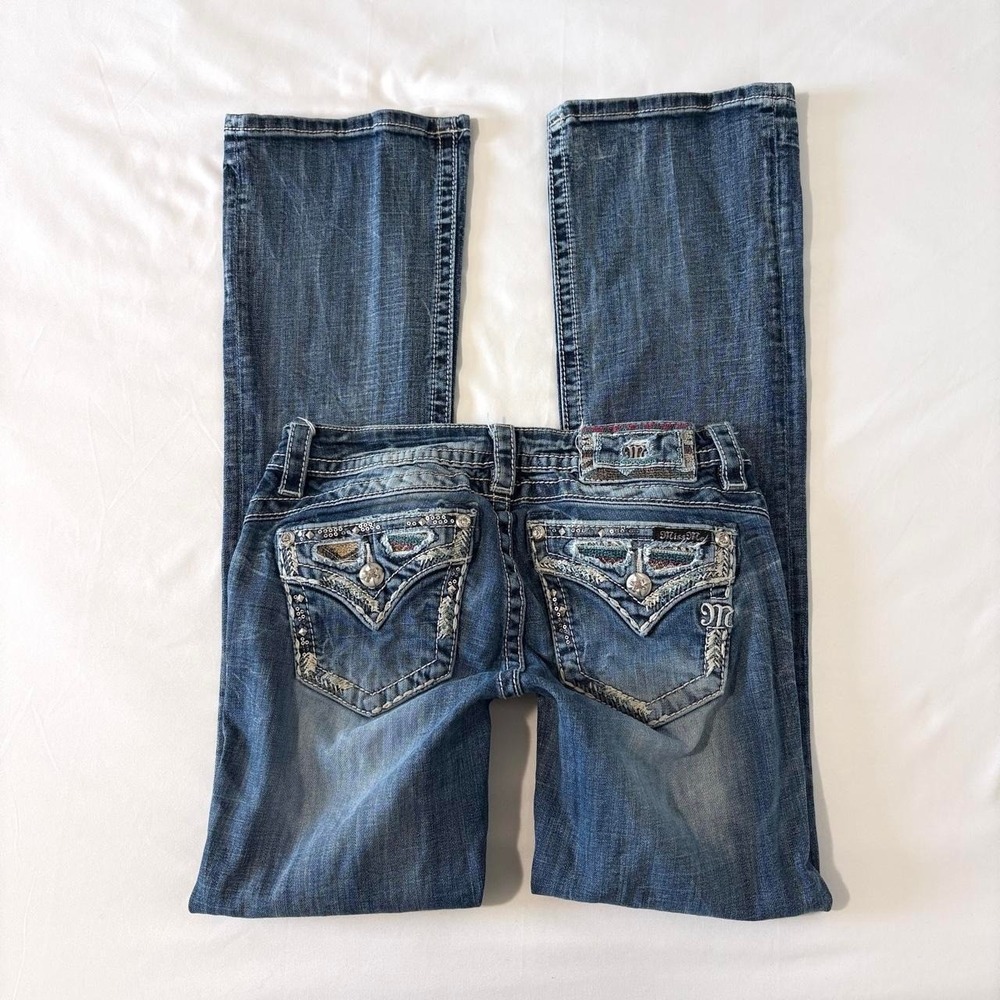 miss me low rise rhinestone colorful flap pocket bootcut jeans size 28